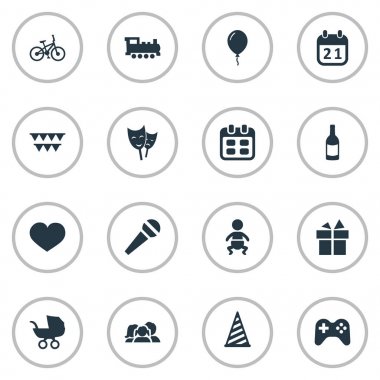 Vektör çizim basit kutlama simgeler kümesi. Öğeleri Yurtiçi, Aerostat, oyun ve diğer eş anlamlı tren, gökyüzü ve şampanya.