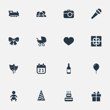 Vektör çizim basit doğum günü simgeler kümesi. Öğeleri yankı, Bebek, kap ve diğer eş şerit, rezonansa ve tonik.