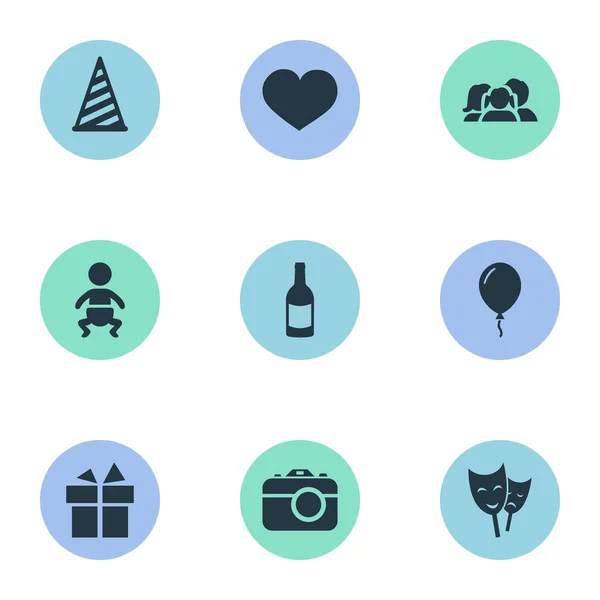 Vector illustratie Set van eenvoudige verjaardag iconen. Elementen zuigelingen-, lint-, drank- en andere synoniemen ziel, Champagne en Gift. — Stockvector