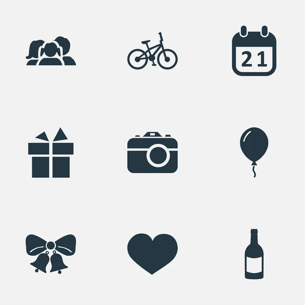 Vector Illustration Set Of Simple Birthday Icons. Elements Camera, Resonate, Soul And Other Synonyms Beverage, Ribbon And Champagne. — Stock Vector