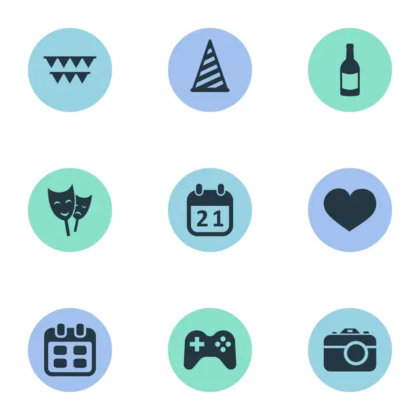 Vector illustratie Set van eenvoudige viering iconen. Elementen Cap, Camera, dagen en andere synoniemen Joystick, fotografie en foto. — Stockvector