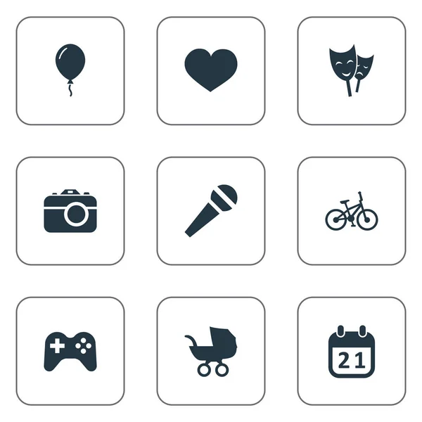 Vector illustratie Set van eenvoudige vakantie iconen. Elementen, masker, speciale dag, fiets en andere synoniemen stem, gevoelens en microfoon. — Stockvector