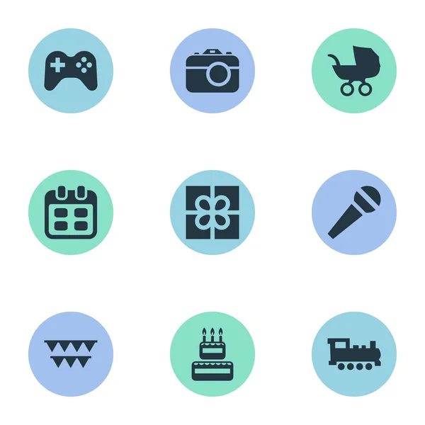 Vector illustratie Set van eenvoudige verjaardag iconen. Elementen vak, kinderwagen, dagen en andere synoniemen stem, heden en Camera. — Stockvector
