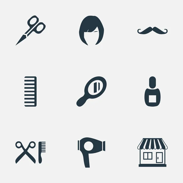 Vector Illustration Set of Simple Beautician Icons (en inglés). Elementos Cabello, herramienta de corte, herramientas de peluquería y otros sinónimos Hackle, tienda y secador de pelo . — Archivo Imágenes Vectoriales