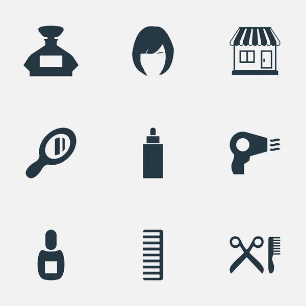 Conjunto de ilustración vectorial de iconos de peluquería simples. Elementos Reflector, Hackle, Tienda de Sinónimos de Cabello y Otros, Tijeras y Cabello . — Vector de stock