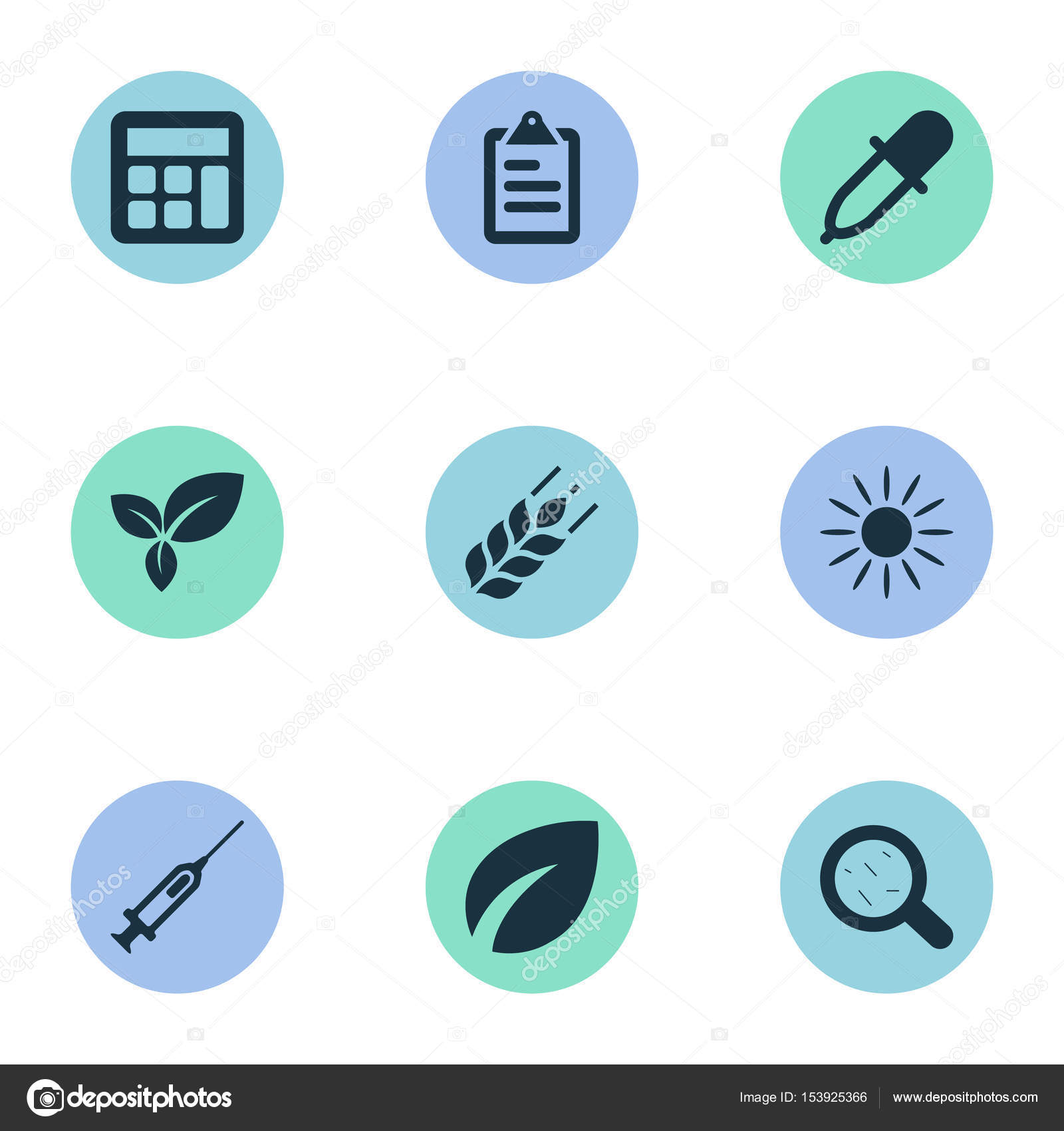 Vector Illustration Set Of Simple Harvest Icons. Elements Syringe, Sunshine, Pipette And Other