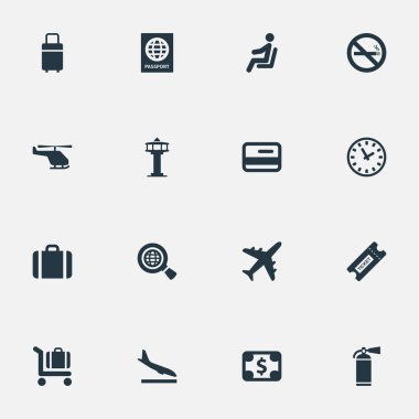 Vektör çizim basit Havaalanı simgeler kümesi. Öğeleri seyahat çantası, kredi kartı, uçak ve diğer eş anlamlı plastik dolar ve pasaport.