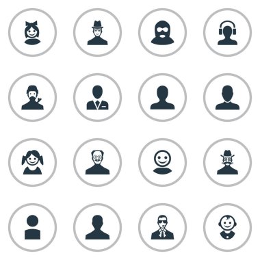 Vektör çizim basit Avatar simgeler kümesi. Öğeleri gizemli adam, küçük kız, koruma ve diğer eş anlamlı koruma kızı ve üye.