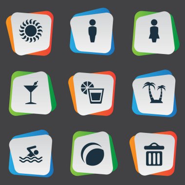 Vektör çizim basit Beach simgeler kümesi. Adam, çöp, palmiye ve diğer eş anlamlı parti Yüzme öğeleri çöp kovası ve Palm.