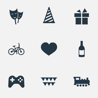 Vektör çizim basit doğum günü simgeler kümesi. Öğeleri Cap, içecek, şerit ve diğer eş anlamlı Joystick, maske ve ruh.