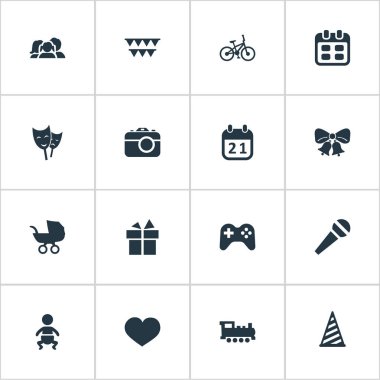 Vektör çizim basit kutlama simgeler kümesi. Öğeleri Yurtiçi, Bisiklet, oyun ve diğer eş anlamlı lokomotif bebek arabası ve Jingle.