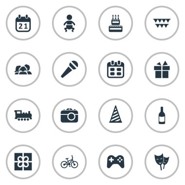 Vektör çizim basit tatil simgeler kümesi. Öğeleri kamera, ev içi kullanımına yönelik, oyun ve diğer eş anlamlı gün aktör ve parti.