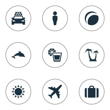 Vektör çizim basit Seaside simgeler kümesi. Öğeleri plaj oyunları, bavul, palmiye ve diğer eş anlamlı taksi erkek ve içecek.