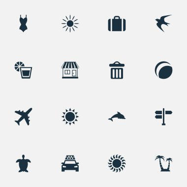 Vektör çizim basit Beach simgeler kümesi. Öğeleri kavşak, içecek, Swallow ve diğer eş anlamlı memeli yön ve Bagaj.