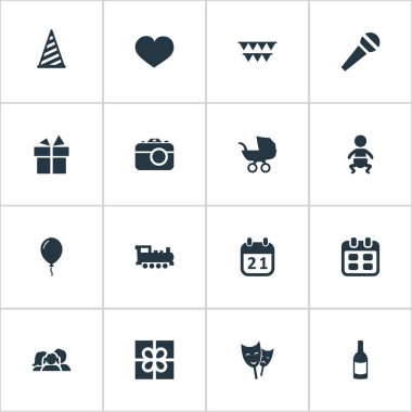 Vektör çizim basit doğum günü simgeler kümesi. Öğeleri bebek, ev içi kullanımına yönelik, şerit ve diğer eş anlamlı aktör, hediye ve aile.