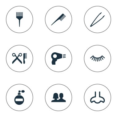 Vektör çizim basit kozmetik simgeler kümesi. Elements müşterileri, sorguç, tarak ve diğer eş kuru, sense ve Salon.