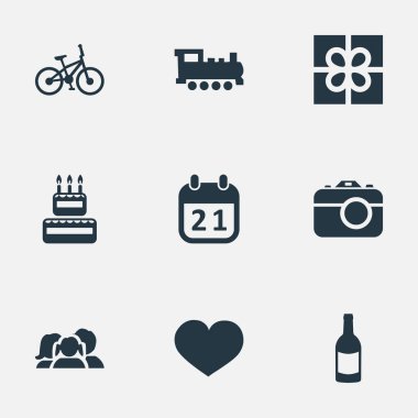 Vektör çizim basit tatil simgeler kümesi. Öğeleri kutusu, tren, içecek ve diğer eş anlamlı duyguları iç ve takvim.