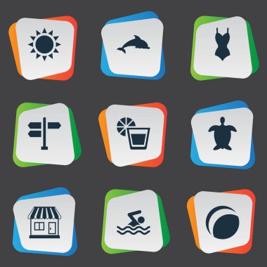 Vektör çizim basit Beach simgeler kümesi. Öğeleri kaplumbağa, yüzme adam, plaj oyunları ve diğer eş anlamlı kaplumbağa oyunları ve yön.