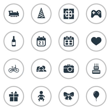 Vektör çizim basit kutlama simgeler kümesi. Öğeleri bisiklet, yankı, takvim ruh ve diğer eş anlamlı kalp ve Joystick.