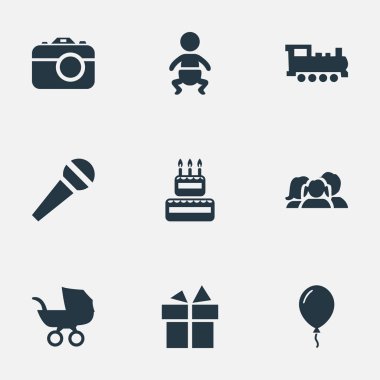 Vektör çizim basit kutlama simgeler kümesi. Öğeleri Aerostat, tren, kamera ve diğer eş anlamlı çocuk lokomotif ve tren.