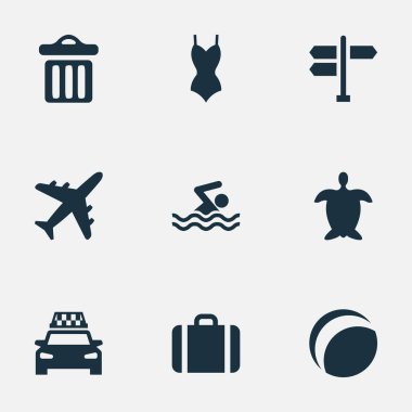 Vektör çizim basit Beach simgeler kümesi. Öğeleri plaj oyunları, çöp, yüzme adam ve diğer eş anlamlı macera, kaplumbağa ve Beach.