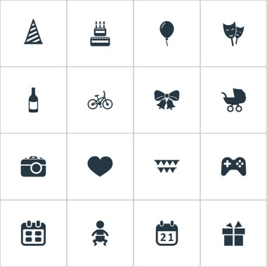 Vektör çizim basit doğum günü simgeler kümesi. Öğeleri kamera, bebek arabası, kap ve diğer eş anlamlı parti bebek ve aktör.
