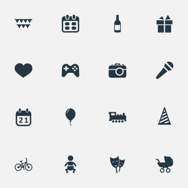 Vektör çizim basit tatil simgeler kümesi. Öğeleri özel gün, Bebek, Bisiklet ve diğer eş anlamlı konuşma, tren ve parti.