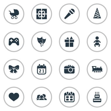 Vektör çizim basit kutlama simgeler kümesi. Öğeleri bebek, yankı, maske ve diğer eş çocuk, kalp ve kişinin.