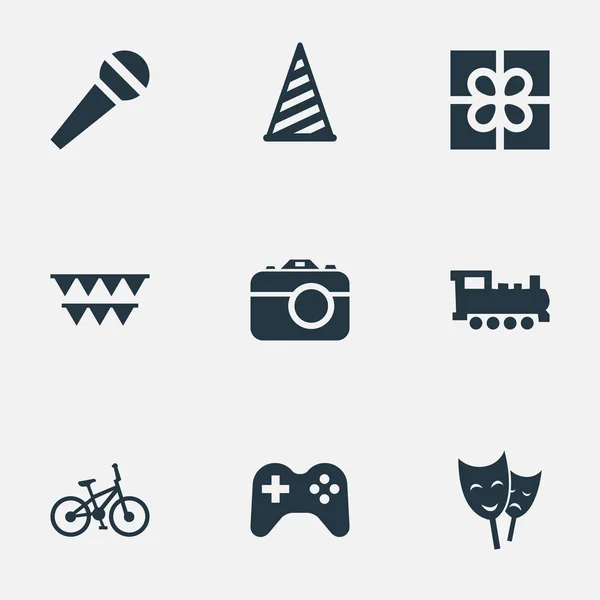 Vektoros illusztráció készlet egyszerű ikonok. Kerékpár elemek, a játék, a vonat és a más szinonimák jelen-, hang- és kamera. — Stock Vector