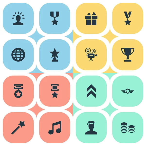 Vector Illustration Set of Simple Awards Icons (en inglés). Elementos Presente, Mundo, Triunfante y Otros Sinónimos Medallón, Campeón y Premio . — Vector de stock