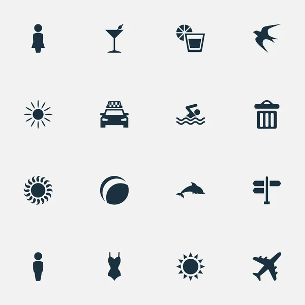 Vektor Illustration Set von einfachen Strand-Symbolen. Elemente Flugzeug, Sonnenlicht, Schwimmer und andere Synonyme Spiele, Wasser und Müll. — Stockvektor