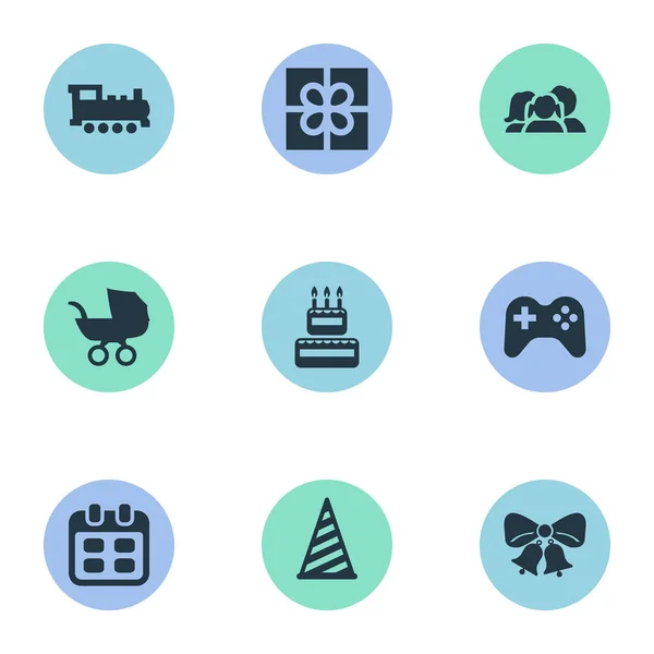 Vector illustratie Set van eenvoudige viering iconen. Elementen vak-, spel-, trein- en andere synoniemen Cake, planning en Sweetmeat. — Stockvector