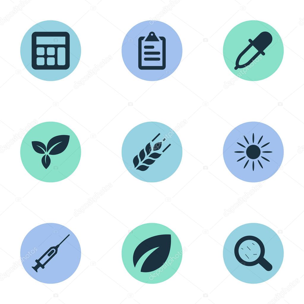 Vector Illustration Set Of Simple Harvest Icons. Elements Syringe, Sunshine, Pipette And Other Synonyms Dropper, Medicine And Math.