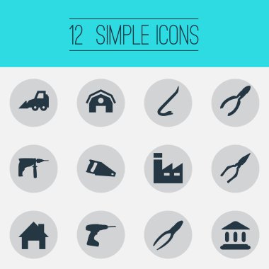 Vektör çizim basit endüstriyel simgeler kümesi. Öğeleri matkap, elektrikli tornavida, el testeresi eş anlamlı Kerpetenler, onarım ve gördüm.