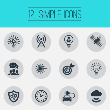 Vektör çizim basit yaratıcılık simgeler kümesi. Öğeleri Hibrid oto, süresi, Sputnik ve diğer eş anlamlı süresi saat ve lamba.