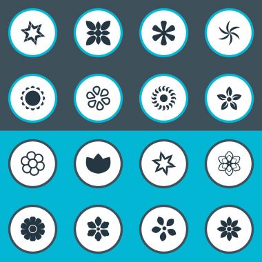 Vektör çizim basit çiçeği simgeler kümesi. Öğeleri süsleme, ayçiçeği, Larkspur ve diğer eş anlamlı Larkspur, Lale ve çiçek.