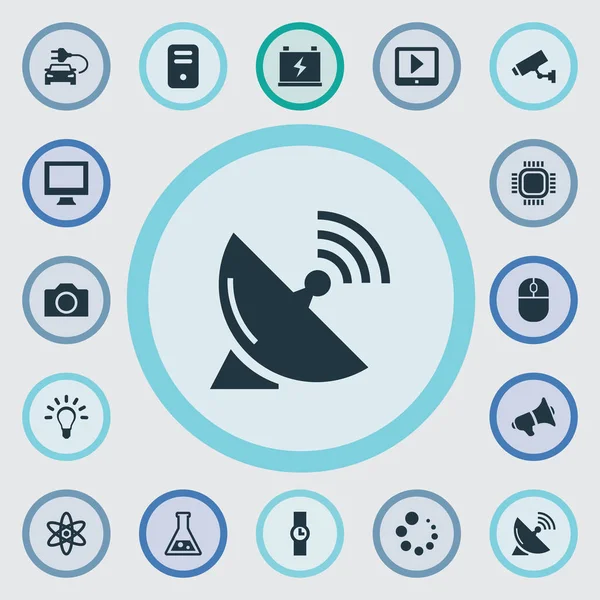 Vector Illustration Set of Simple Gadget Iconos. Elementos Antena Satelital, Altavoz, Touchpad y Otros Sinónimos Átomo, Botón y Física . — Vector de stock