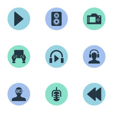 Vektör çizim basit Multi simgeler kümesi. Öğeleri müzik dinlemek, Meloman, hoparlör ve diğer eş anlamlı kamera, geriye dönük ve kayıt.