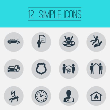 Vektör çizim basit koruma simgeler kümesi. Öğeleri korumalı araç, otomobil hasar, iş anlaşması ve diğer eş anlamlı kurtarma, polis ve sigorta.