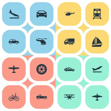 Vektör çizim basit ulaşım simgeler kümesi. Öğeleri Downgrade, uçak, Aerocab ve diğer eş anlamlı Araba, uçak ve yolcu uçağı.