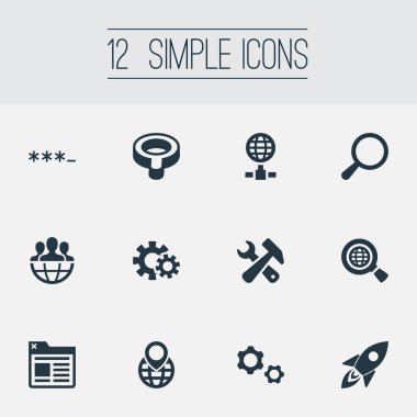Vektör çizim basit inceleme simgeler kümesi. Öğeleri füze, arama, Büyüteç ve diğer eş anlamlı optimizasyonu, füze ve dişli.