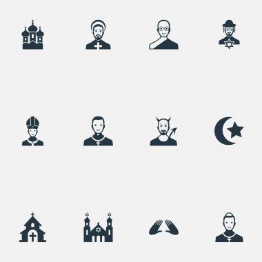 Vektör çizim basit inanç simgeler kümesi. Öğeleri Tapınağı, Katolik, Pater ve diğer eşanlamlı Musevi, Müslümanlık ve Tapınak.