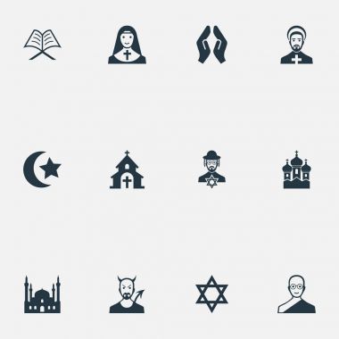 Vektör çizim basit din simgeler kümesi. Öğeleri Müslüman, David Star, rahibe ve diğer eş anlamlı Hıristiyan keşiş ve Islam.