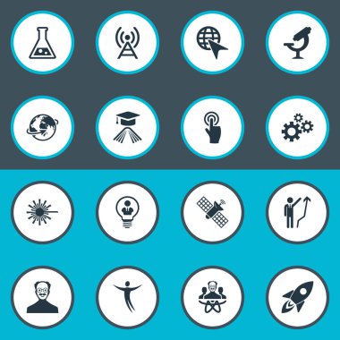 Vektör çizim basit çözüm simgeler kümesi. Öğeleri makine, optik alet, buluş ve diğer eş anlamlı buluş bilim adamı ve işadamı.