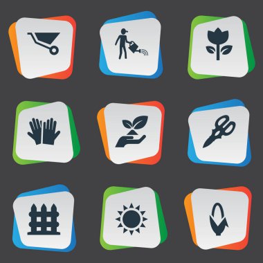 Vektör çizim basit Bahçe simgeler kümesi. Öğeleri Sunshine, çiftçi, Yamultma ve diğer eş anlamlı üretici, makas ve kurtarma.