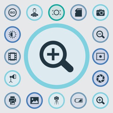 Vektör çizim basit fotoğrafçı simgeler kümesi. Öğeleri ışık seviyesi, hafıza kartı, kayıt ve diğer eş anlamlı mikro kamera ve parlaklık.