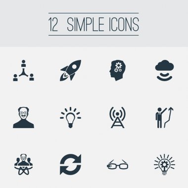 Vektör çizim basit yaratıcılık simgeler kümesi. Öğeleri yüksek teknoloji gözlükler, geliştirme, ampul ve diğer eş anlamlı ekibi büyüme ve parlak.