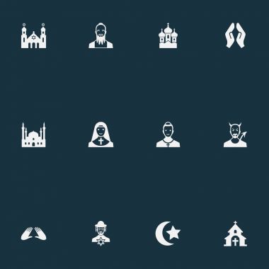 Vektör çizim basit inanç simgeler kümesi. Öğeleri Müslümanlık, dua, Taoizm ve diğer eş anlamlı Lucifer çağırma ve kilise.