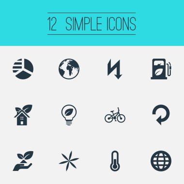 Vektör çizim basit ekoloji simgeler kümesi. Eko ev, gezegen ve diğer eş anlamlı Bisiklet Bisiklet ve bakım öğeleri geri dönüşüm.