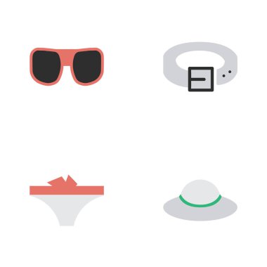 Vektör çizim basit araç simgeler kümesi. Öğeleri iç çamaşırı, kadın kap, kayış ve diğer eş anlamlı şapka, kemer ve güneş gözlüğü.